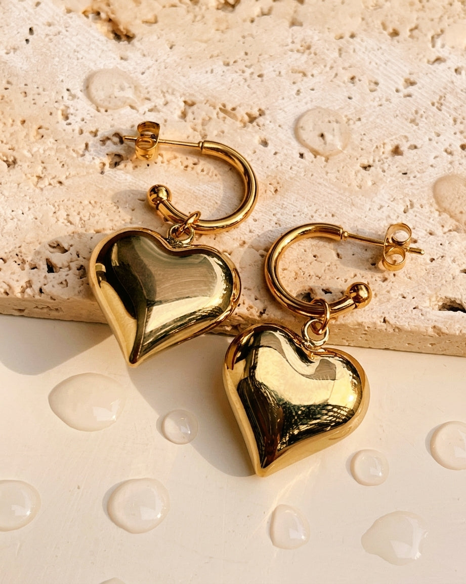 Betsy (Gold) C-Shaped Huggies Stud Solid Heart Dangle Design Gold Drop Earrings