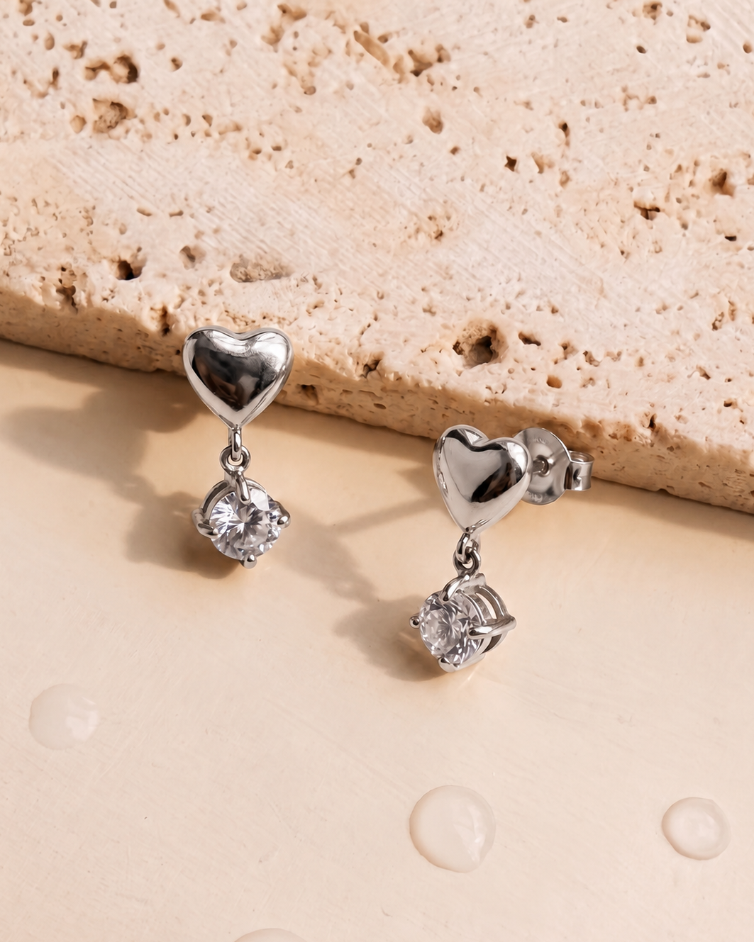 Bridget (Silver) Heart Shaped Stud Round Zircon Crown Set Dainty Silver Drop Earrings