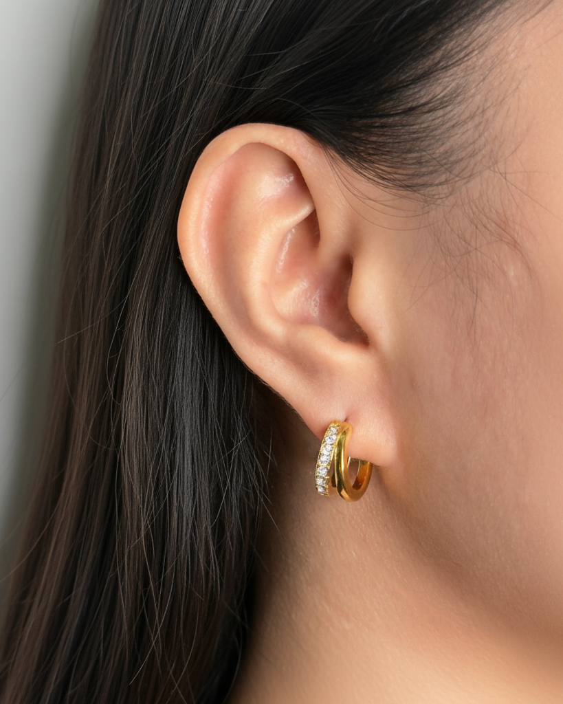 Brinelle Double Layer C-Shaped Half Side Paved Round Zircon Inlaid Set Layered Look Gold Huggie Hoops