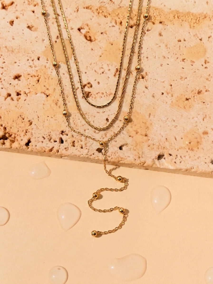 Caia Three Layer Thin Anchor Chain Twisted Rope Chain Ball Beaded Classic Link Chain Choker Necklace Tassel Chain Drop Design (Chain Only) Gold Necklace