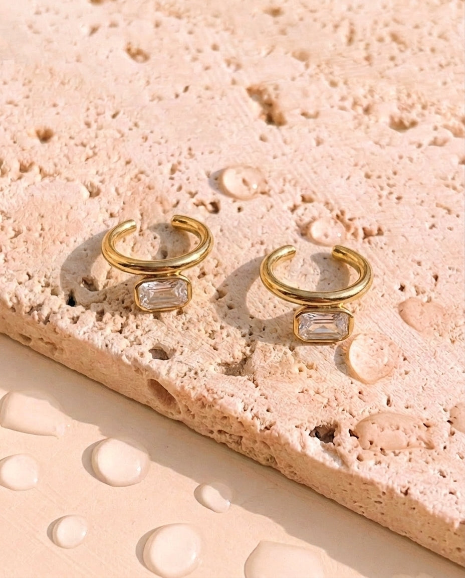 Cambria Rectangular Zircon Dangle C Shaped Gold Cuff Earrings