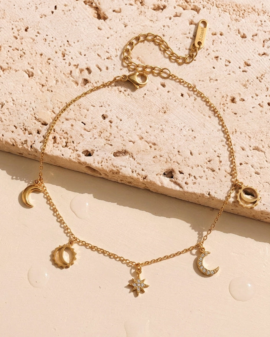 Caprice Zircon Star Moon Hollow Sun Pendants Classic Thin Link Chain Gold Bracelet / Anklet