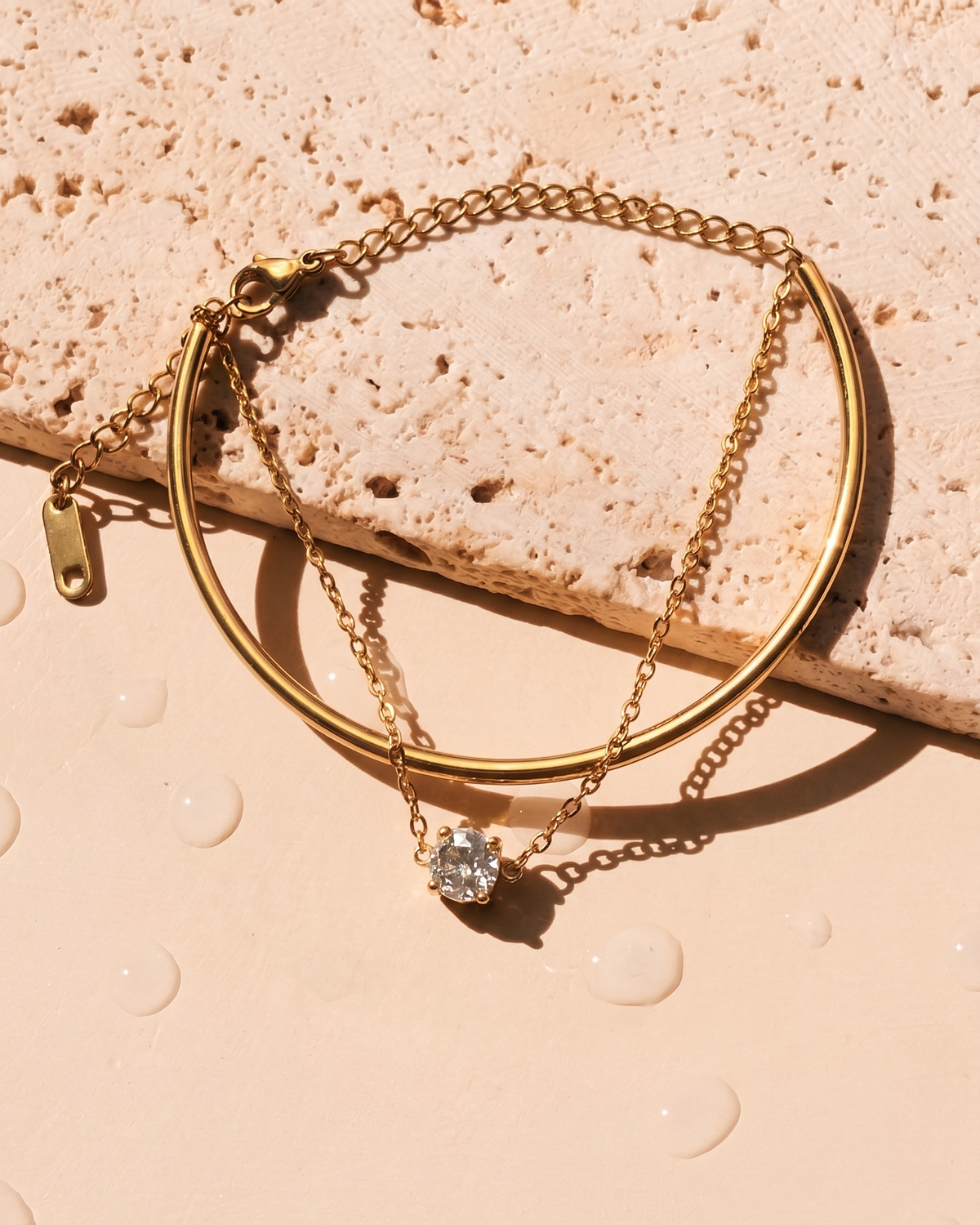 Carabella Double Layer Dual Design Bangle Round Zircon Pendant Classic Thin Chain Round Gold Bracelet