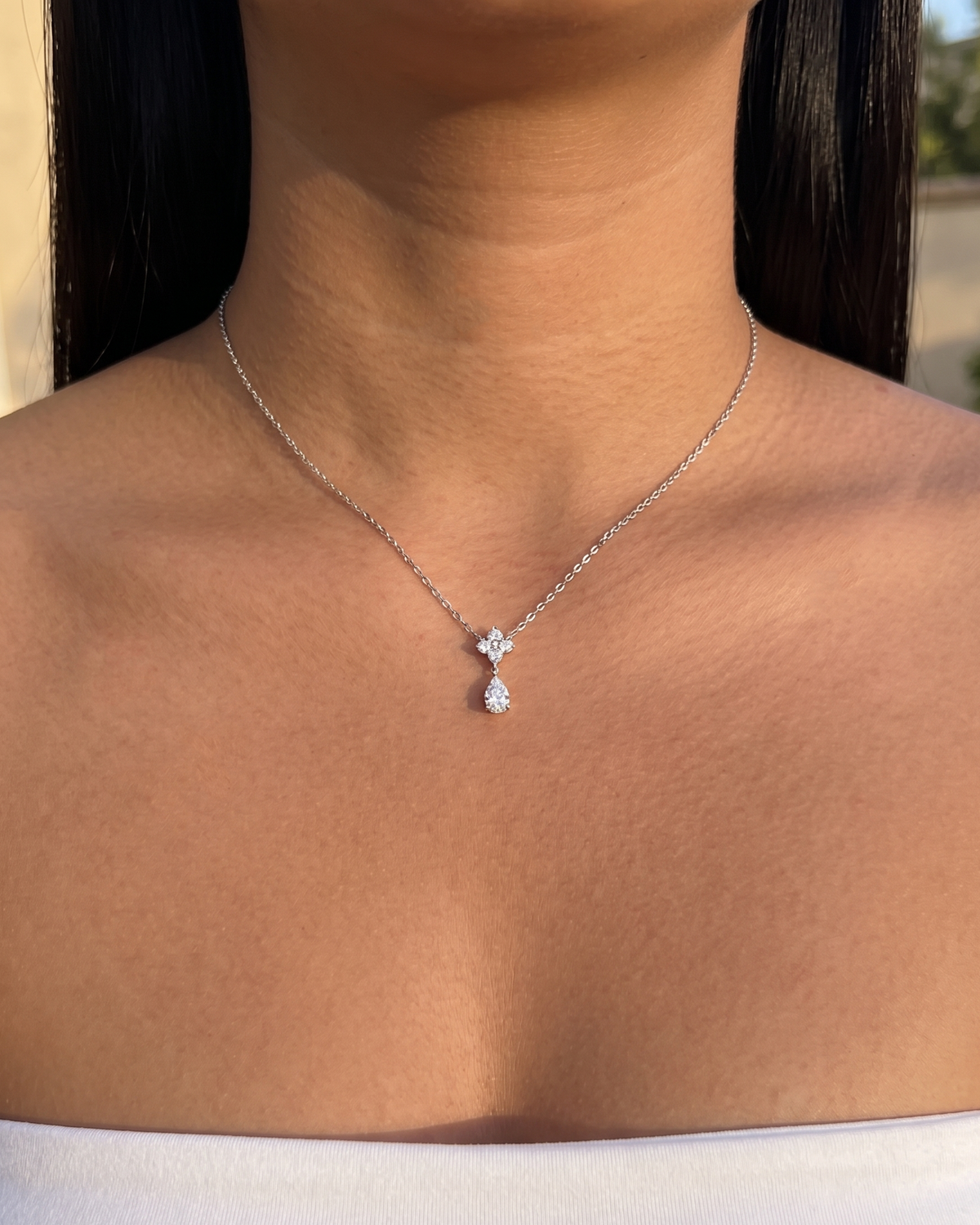 Carmina (Silver) Clover Crowned Zircon Waterdrop Bezel Set Pendant Classic Link Chain Silver Necklace