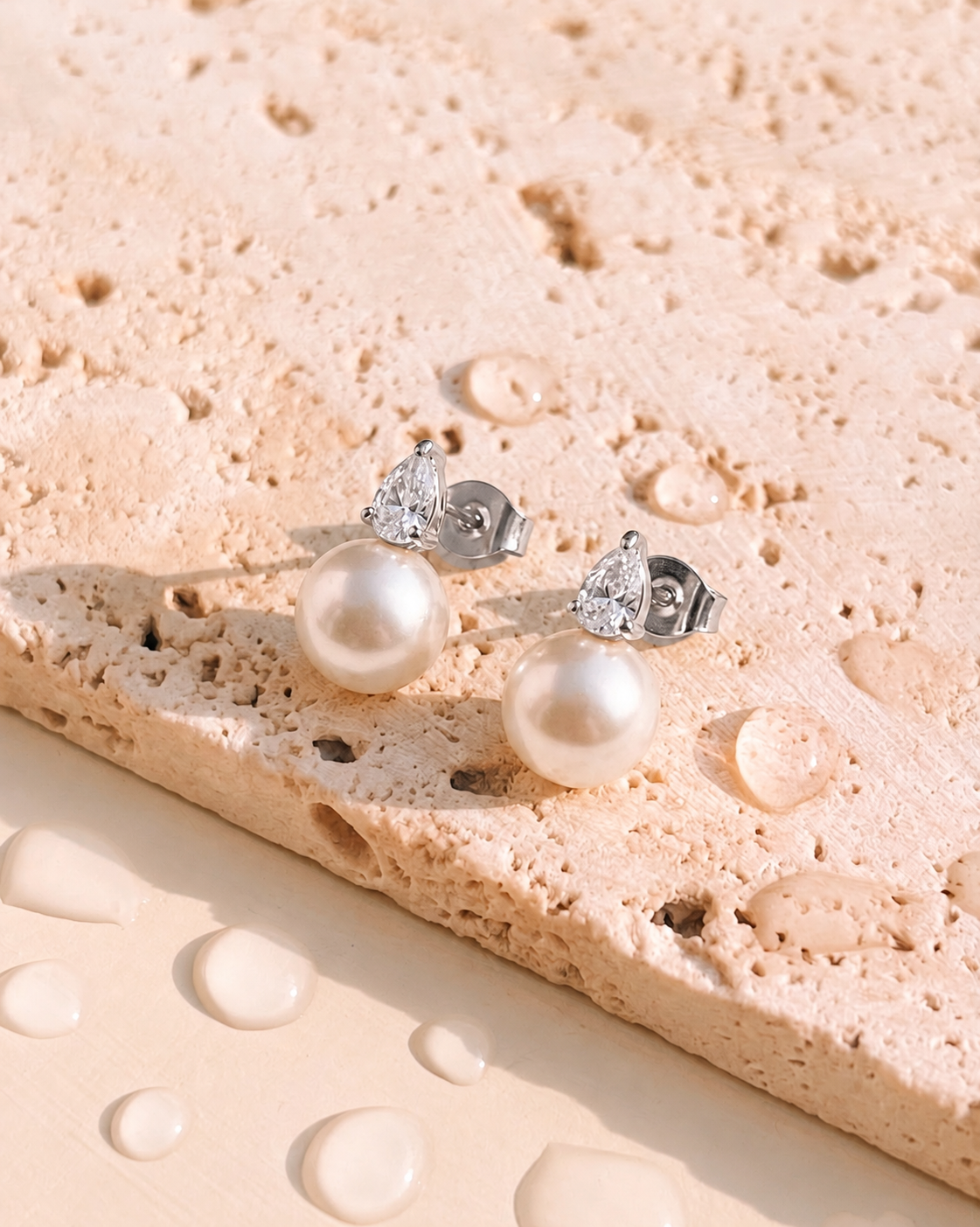 Catalina (Silver) Waterdrop Zircon Crowned Set Stud Pearl Drop Silver Earrings