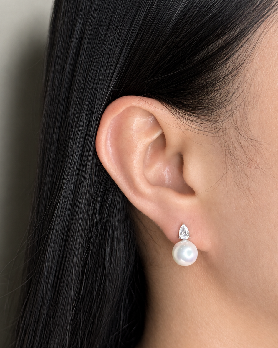 Catalina (Silver) Waterdrop Zircon Crowned Set Stud Pearl Drop Silver Earrings