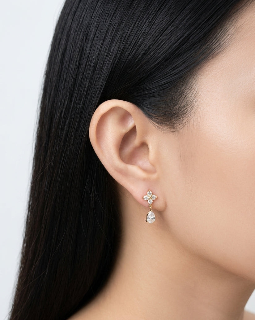 Charlie (Gold) Zircon Clover Shaped Stud Waterdrop Bezel Set Gold Drop Earrings