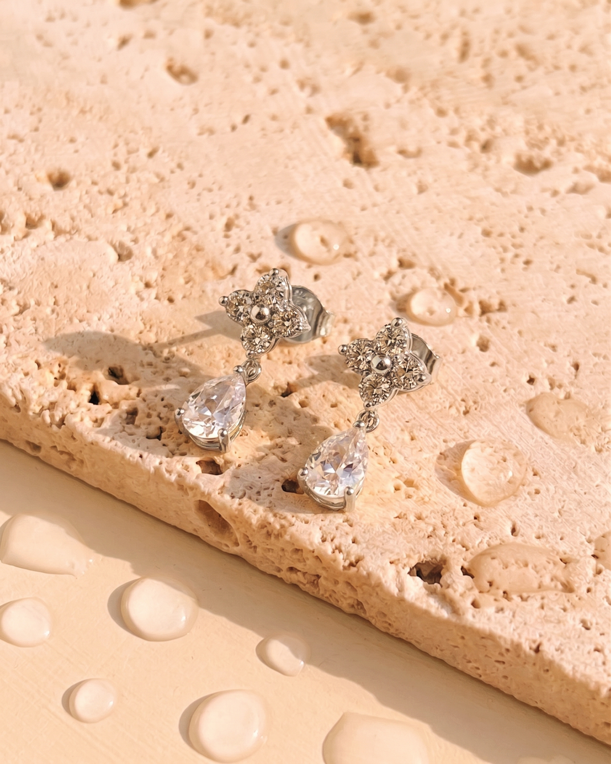 Charlie (Silver) Zircon Clover Shaped Stud Waterdrop Bezel Set Silver Drop Earrings