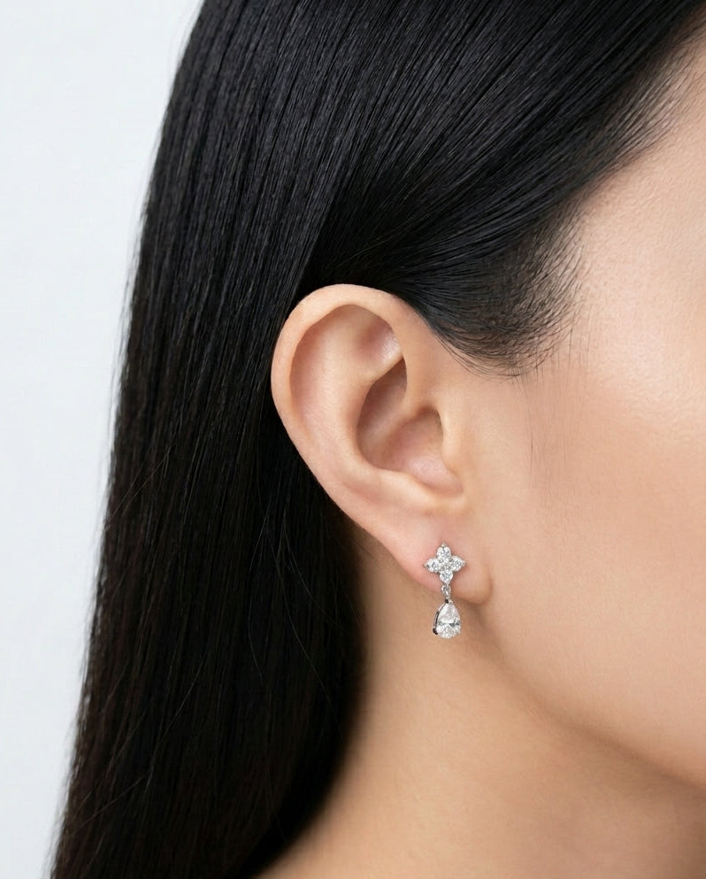 Charlie (Silver) Zircon Clover Shaped Stud Waterdrop Bezel Set Silver Drop Earrings