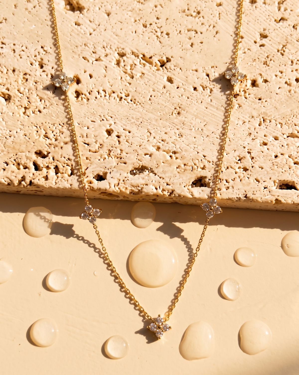 Charmaine (Gold) Clover Crowned Zircon Bezel Set Beads Pendant Classic Link Chain Gold Necklace