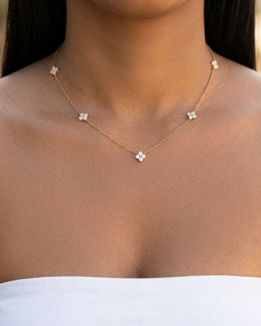 Charmaine (Gold) Clover Crowned Zircon Bezel Set Beads Pendant Classic Link Chain Gold Necklace