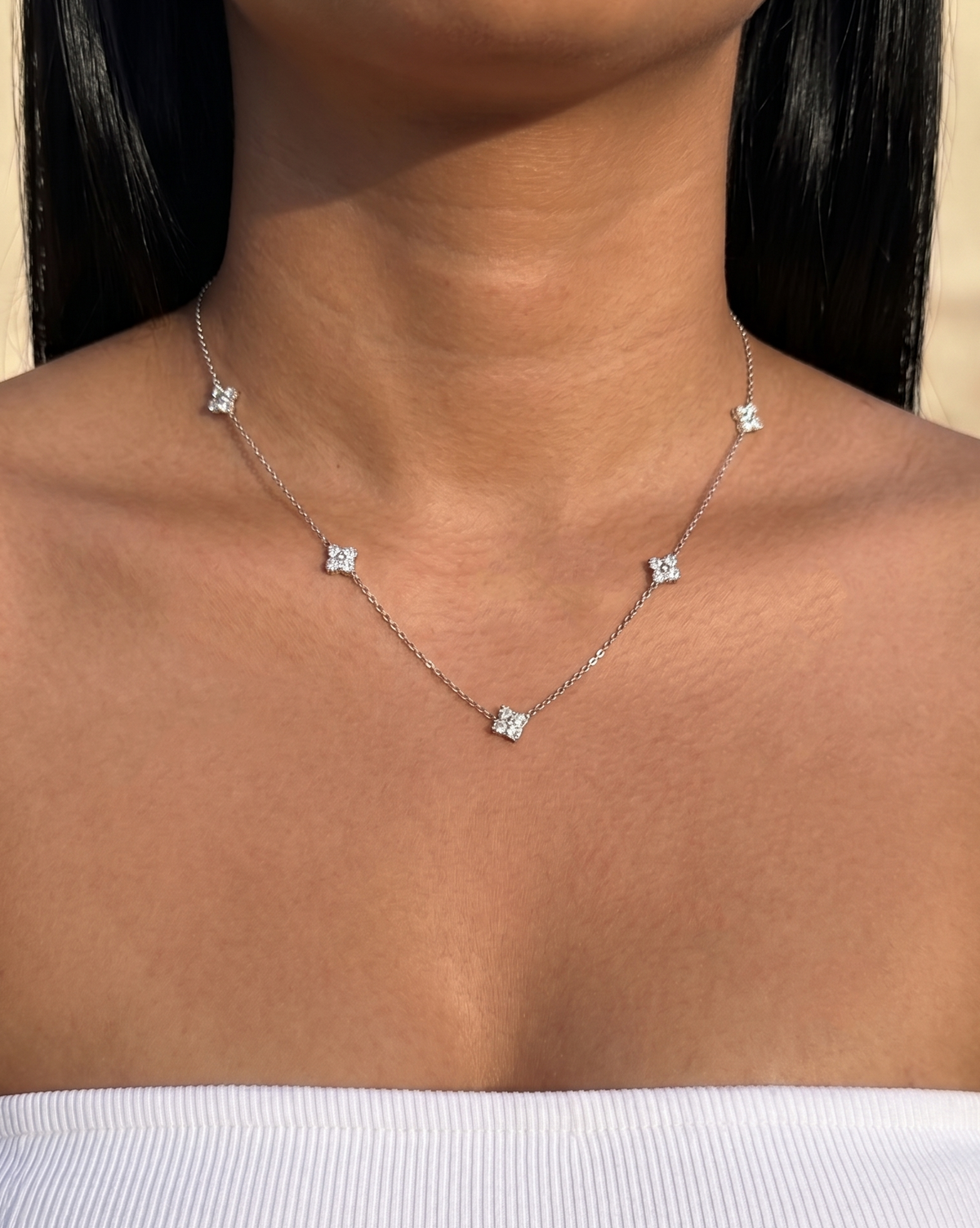 Charmaine (Silver) Clover Crowned Zircon Bezel Set Beads Pendant Classic Link Chain Silver Necklace