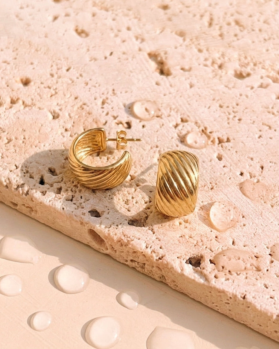 Chaya Wide Plated Vintage Design C Shaped Gold Hoop Earrings