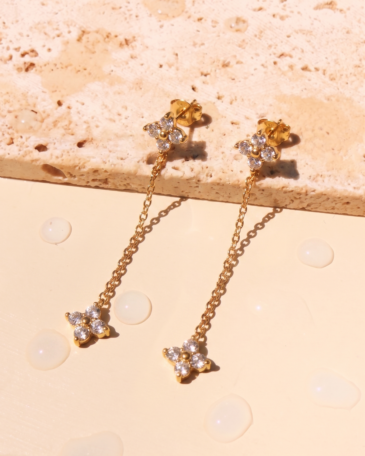 Cheska (Gold) Clover Zircon Bezel Set Stud Thin Long Gold Chain Clover Zircon Bezel Set Drop Earrings