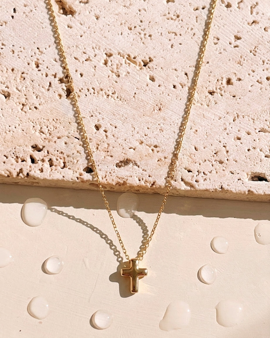 Chloe Dainty Cross Flat Wide Design Pendant Classic Thin Link Chain Gold Necklace
