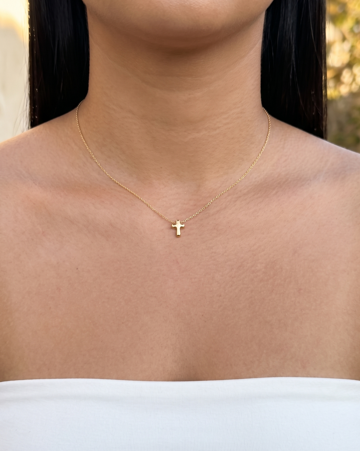 Chloe Dainty Cross Flat Wide Design Pendant Classic Thin Link Chain Gold Necklace