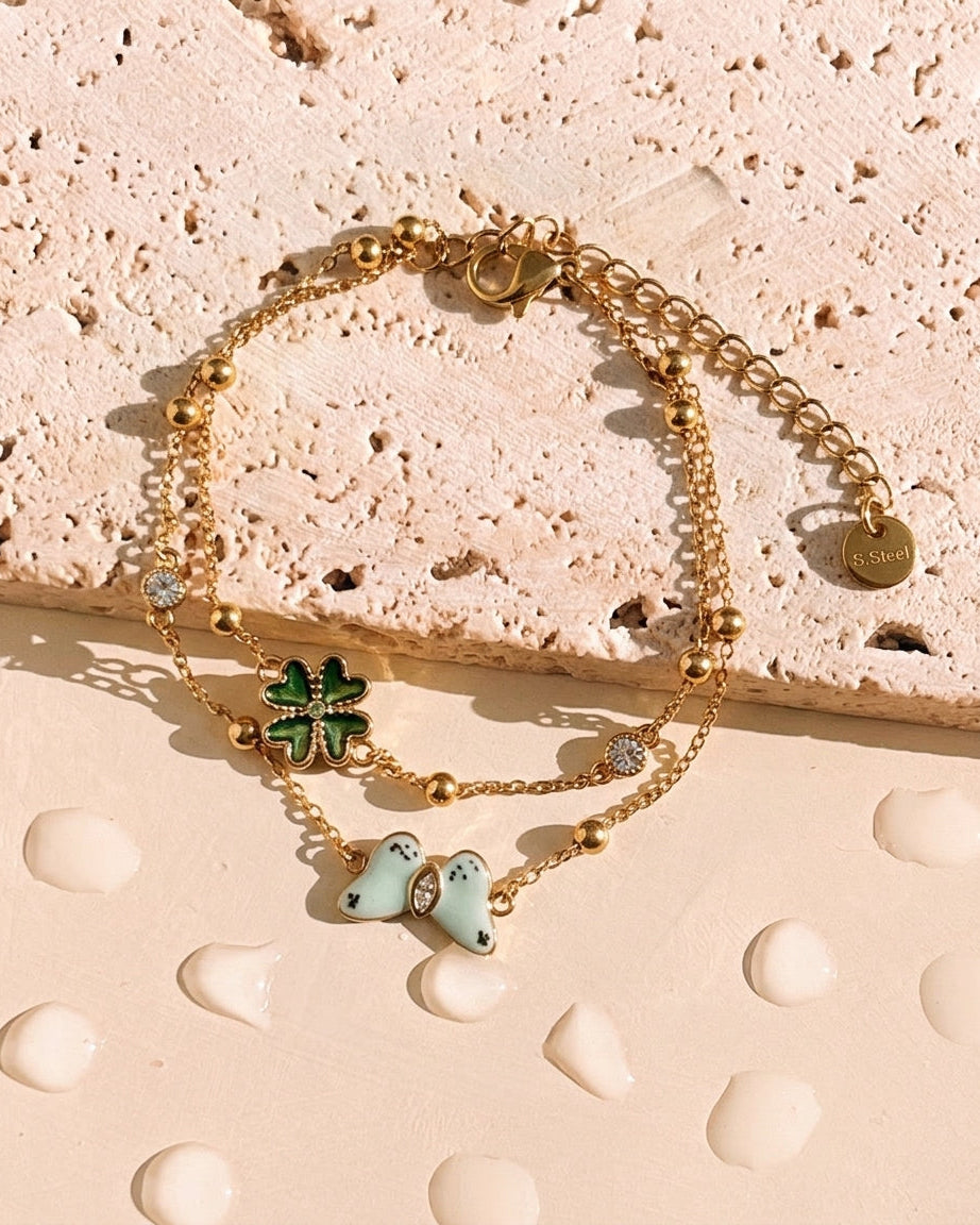 Claudette Double Layer White Butterfly Rhinestone Zircon Green Clover Rhinestone Pendants Round Zircon Ball Beads Classic Thin Link Chain Gold Bracelet