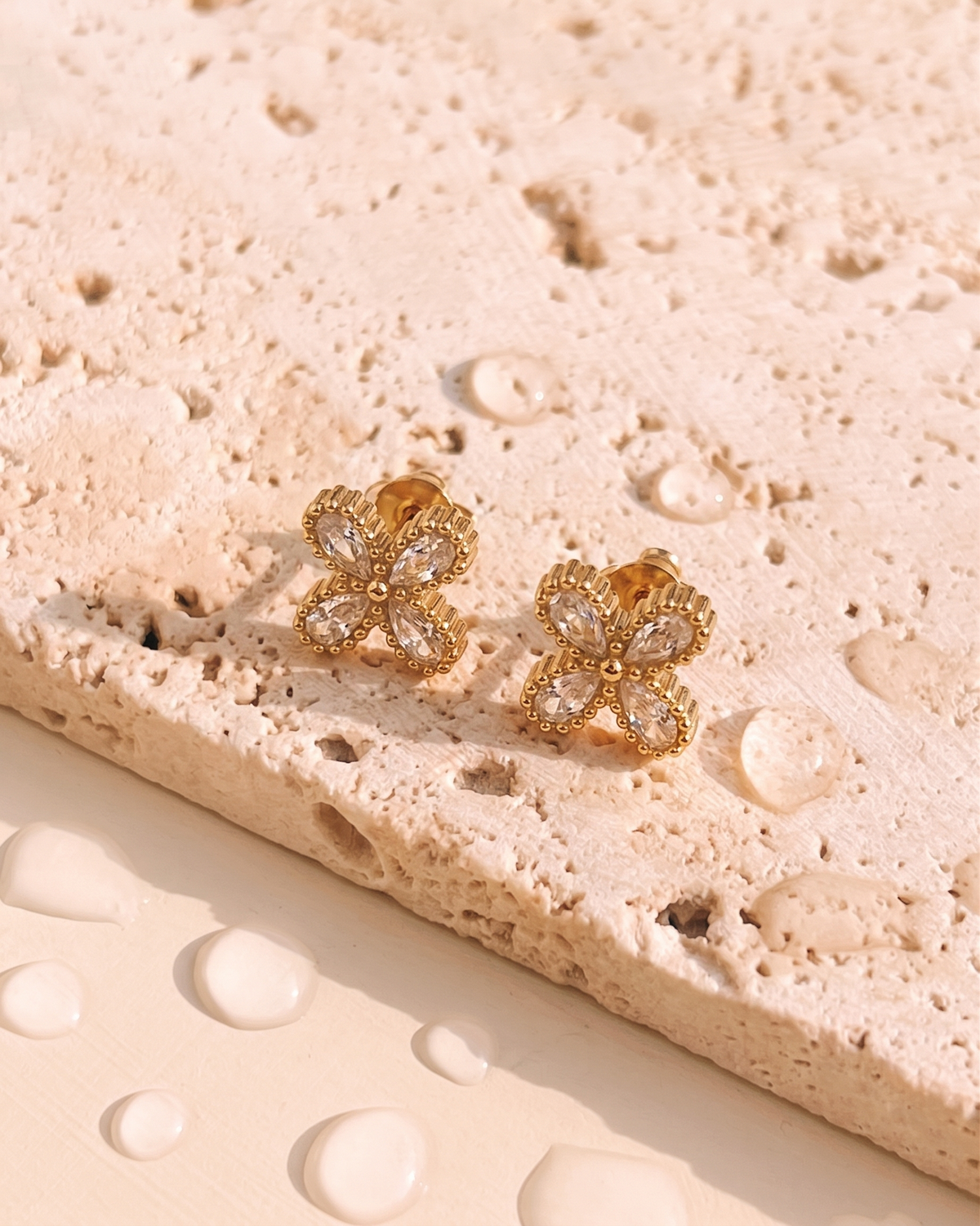 Cora (Gold) Zircon Clover Shaped Bezel Set Gold Stud Earrings