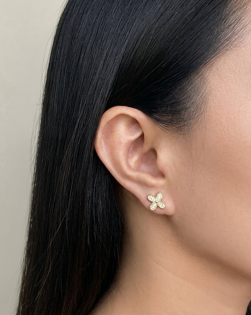 Cora (Gold) Zircon Clover Shaped Bezel Set Gold Stud Earrings