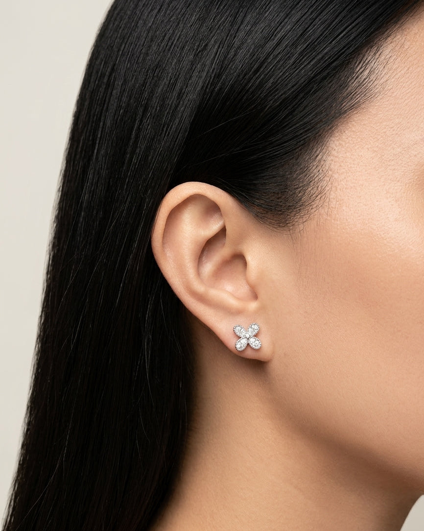 Cora (Silver) Zircon Clover Shaped Bezel Set Silver Stud Earrings