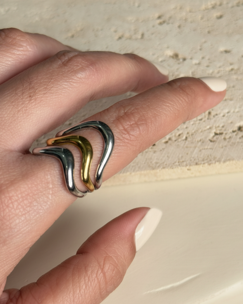 Coralie (Two Tone) Triple Layer Silver Gold Center Parallel Wave Design Open Ring