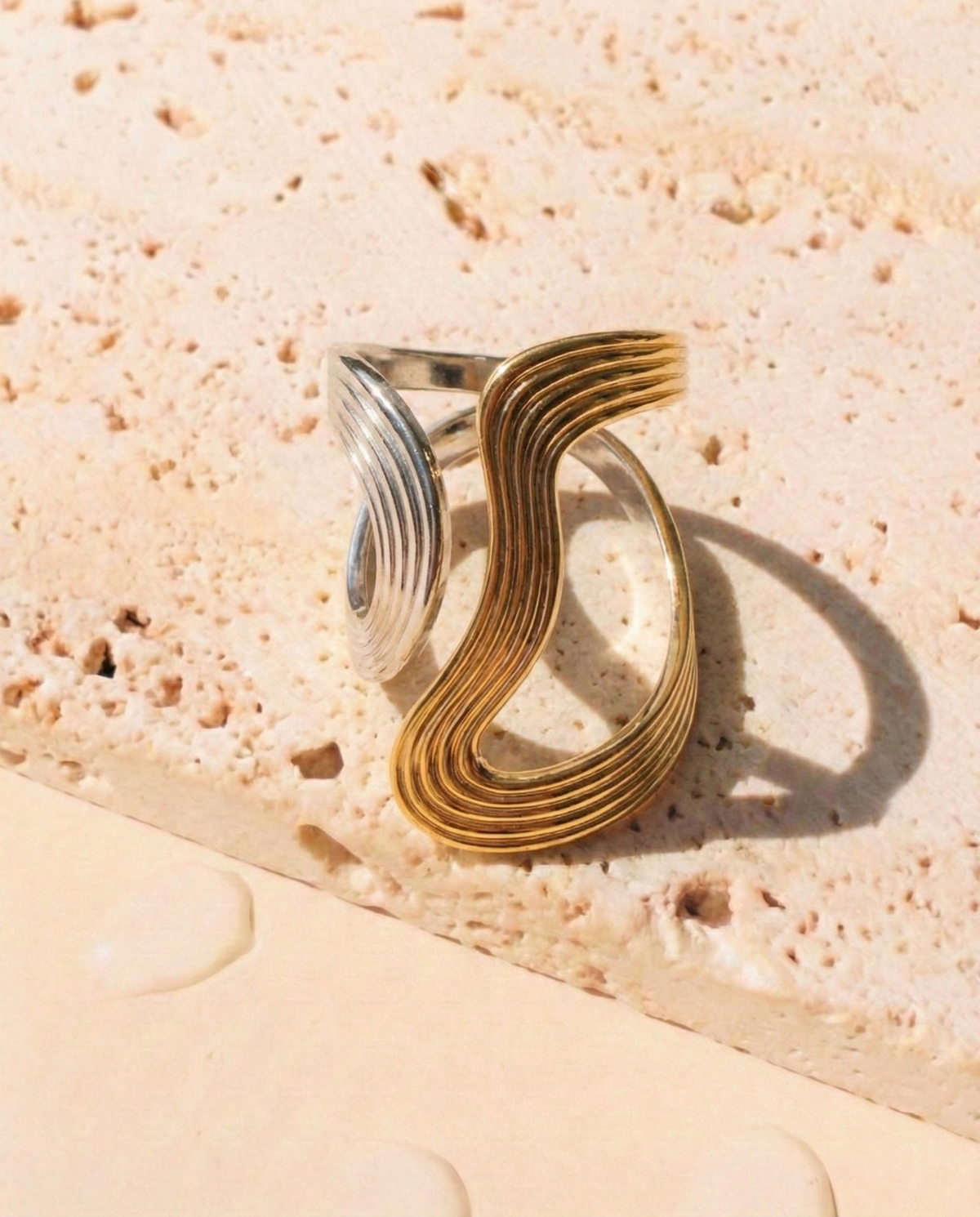 Cressida (Two Tone) Silver Gold Wide Flat Wavy Texture Fluid Design Open Ring