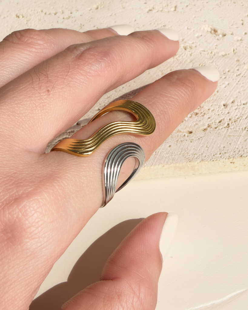Cressida (Two Tone) Silver Gold Wide Flat Wavy Texture Fluid Design Open Ring