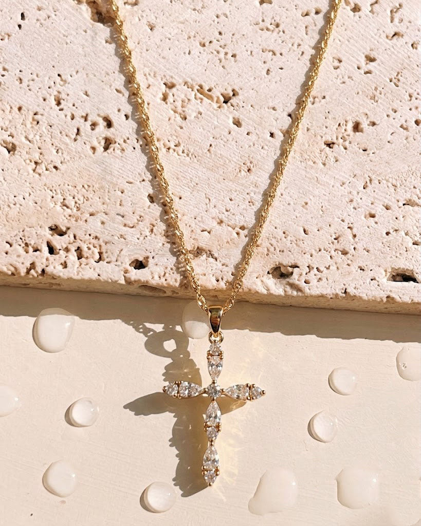 Crystal (Gold) Crowned Zircon Bezel Set Cross Design Pendant Twisted Thin Rope Chain Gold Necklace