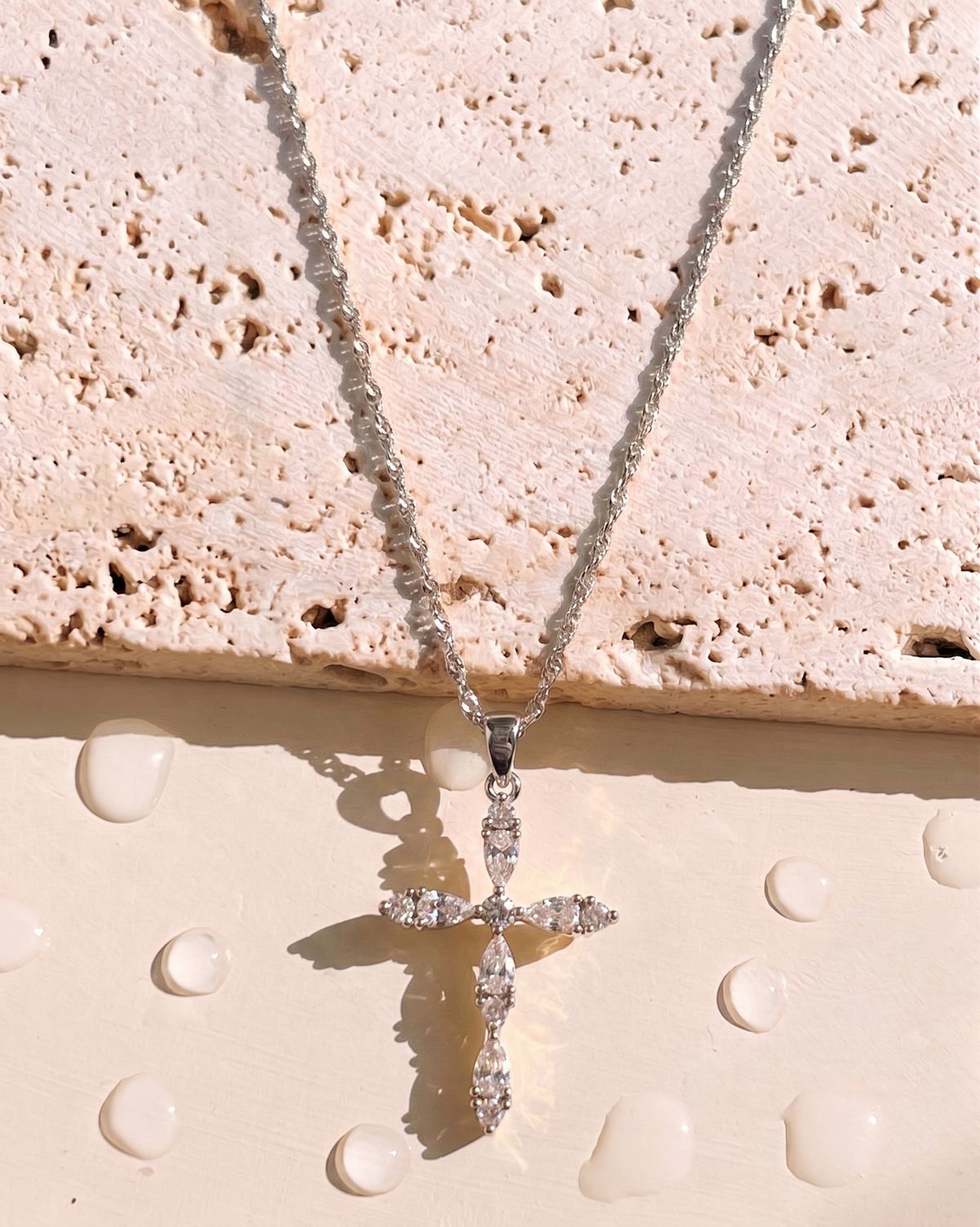 Crystal (Silver) Crowned Zircon Bezel Set Cross Design Pendant Twisted Thin Rope Chain Silver Necklace