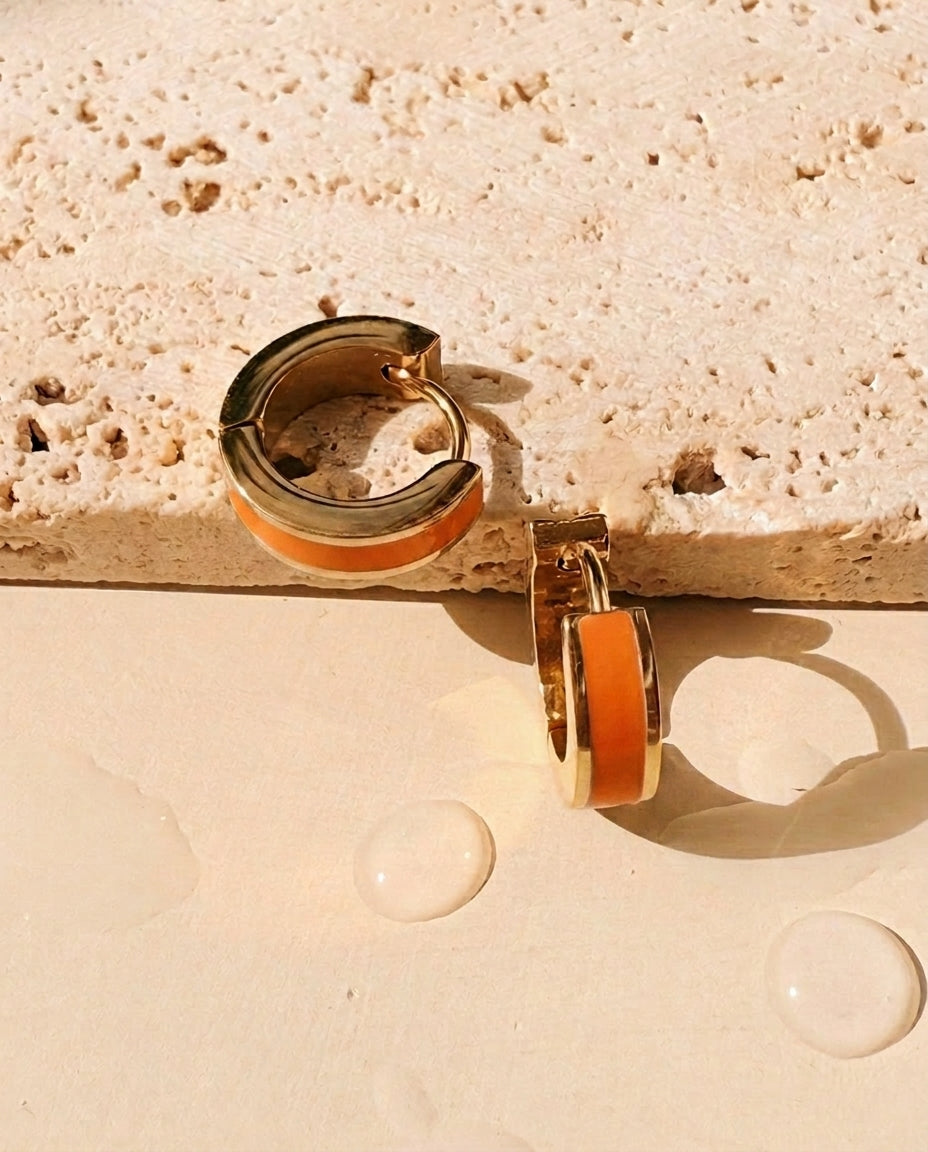 Dahlia (Orange) Enamel Center Inlaid Round Gold Huggies