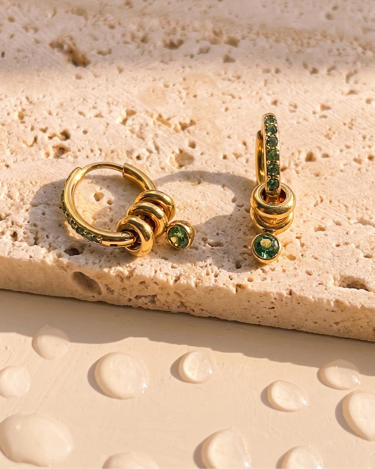 Daniela Green Zircon Paved Multi Ring Round Green Zircon Dangle Gold Drop Earrings