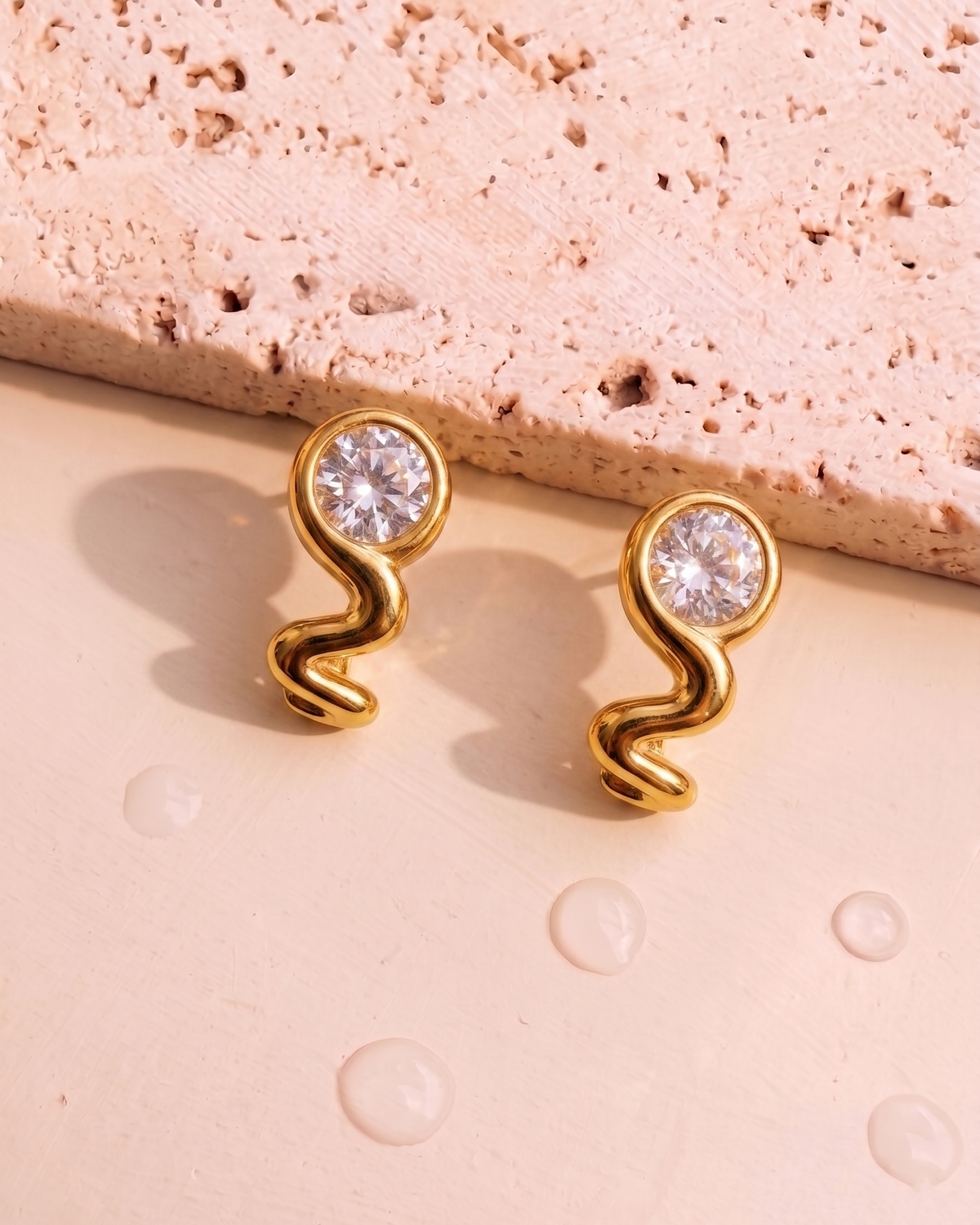 Darla Round Zircon Inlaid Set Stud Wave Design Hoop Gold Drop Earrings
