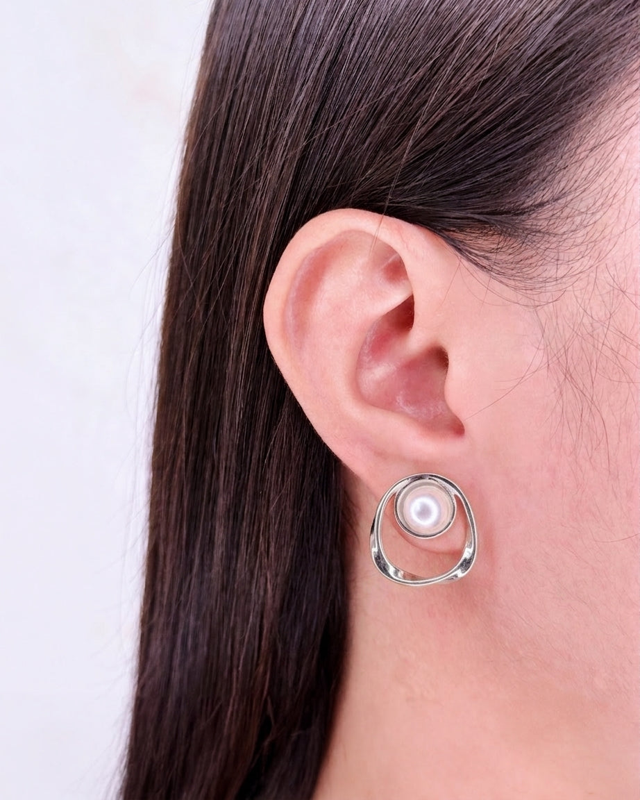 Debbie (Silver) Halo Design Pearl Inlaid Set Centerpiece Stud Earrings