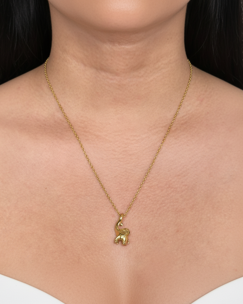 Delvyn Elephant Shaped Zircon Trunk Pendant Tiny Classic Link Chain Gold Necklace