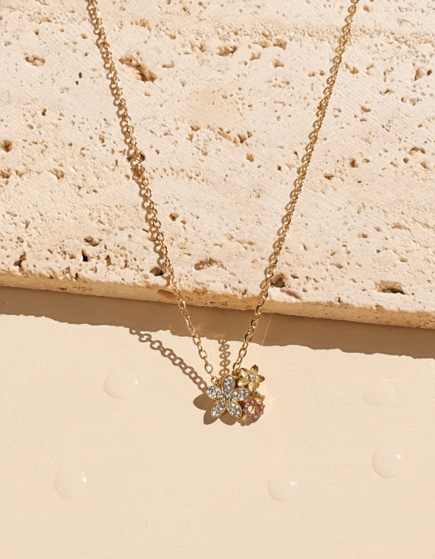 Deryn White Zircon Paved Dual Flowers Pink Zircon Paved Ladybug Shaped Pendants Classic Link Chain Gold Necklace