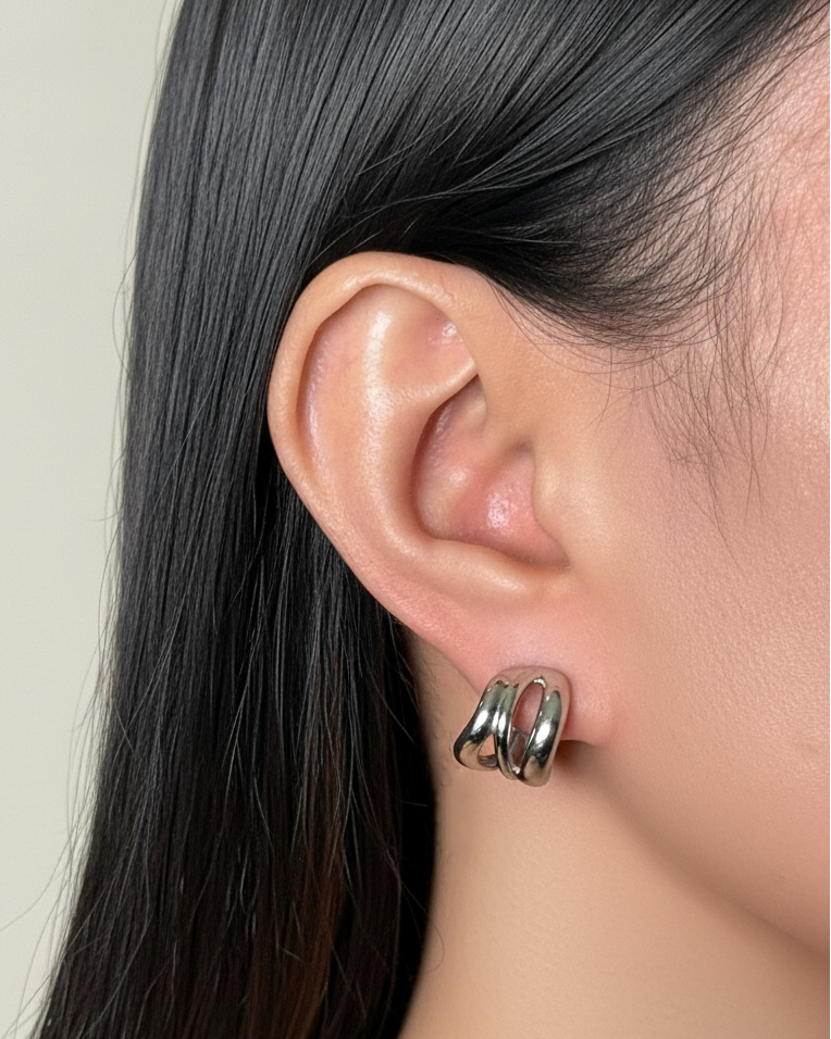 Dixie (Silver) Wide Flat Hollow C-Shaped Melted Hoop Design Layered Look Hoops (Copy)