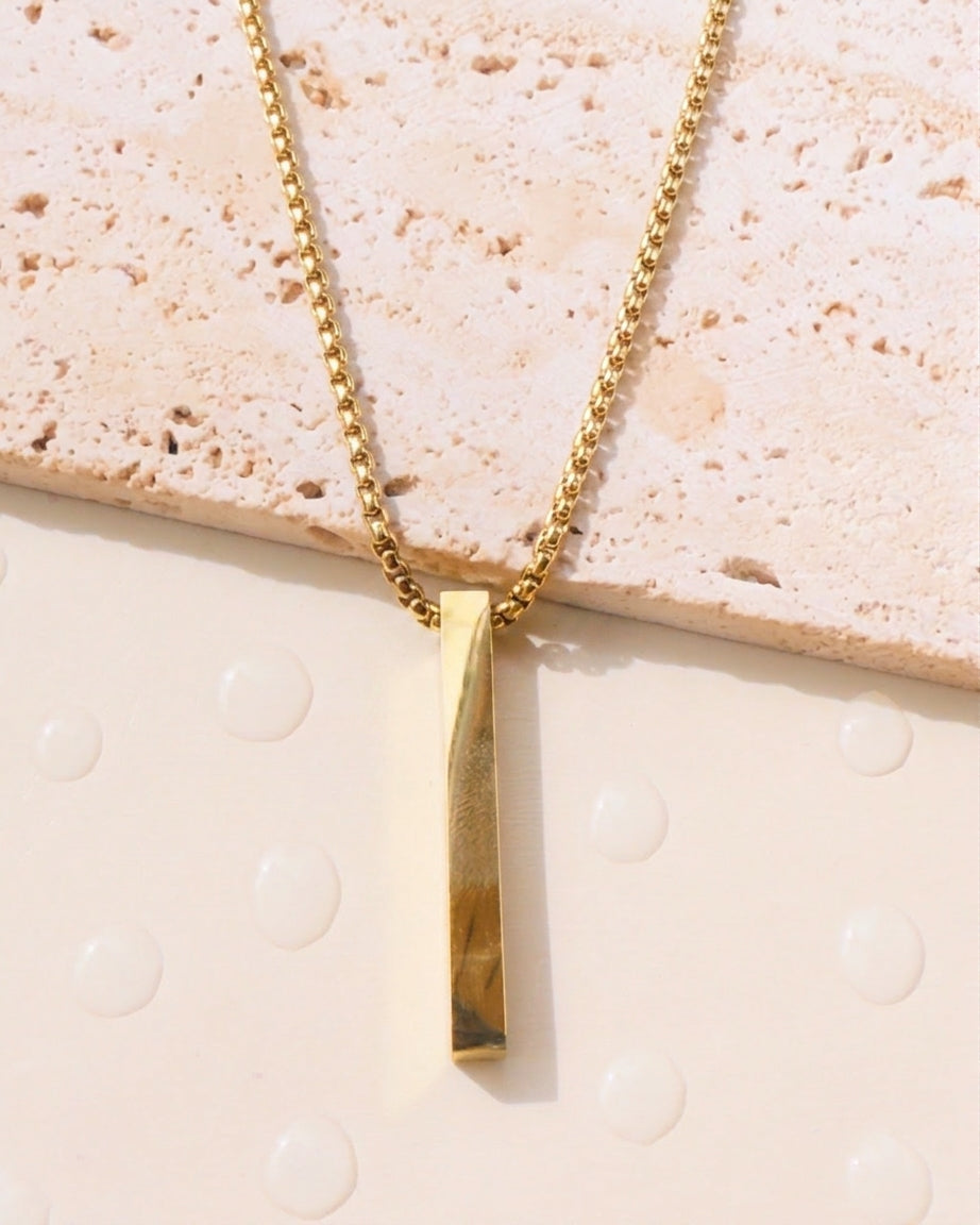 Dylan (Gold) Small Box Chain Design Solid Vertical Bar Pendant Necklace