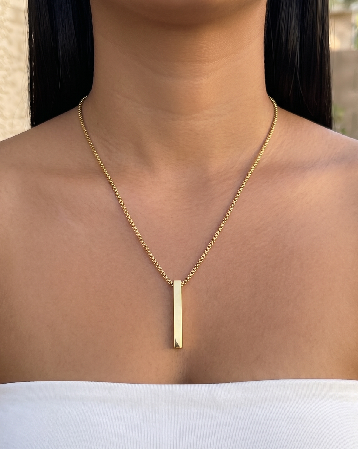 Dylan (Gold) Small Box Chain Design Solid Vertical Bar Pendant Necklace