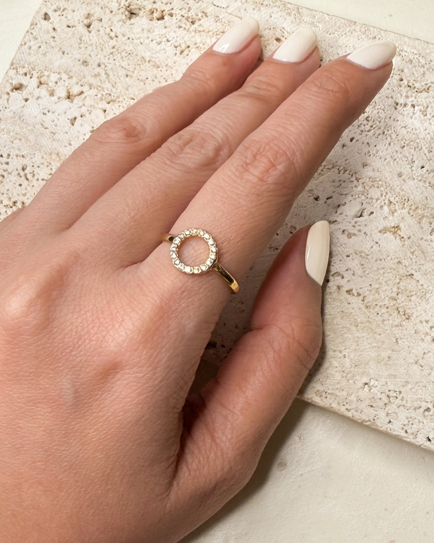 Ekta Zircon Paved Round Halo Design Gold Open Ring