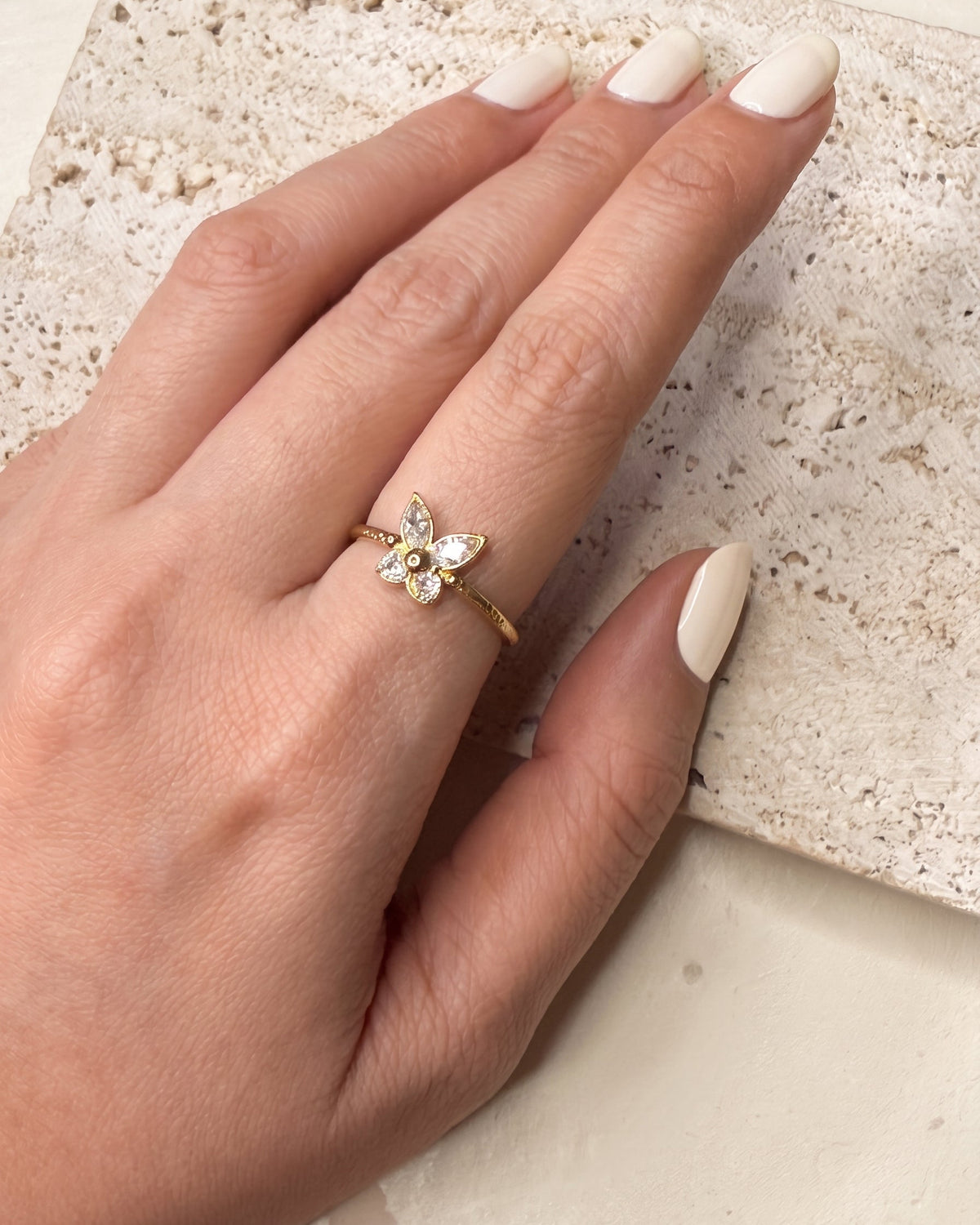 Elfi Butterfly Shaped Zircon Wings Bezel Set Top Head Textured Design Gold Open Ring
