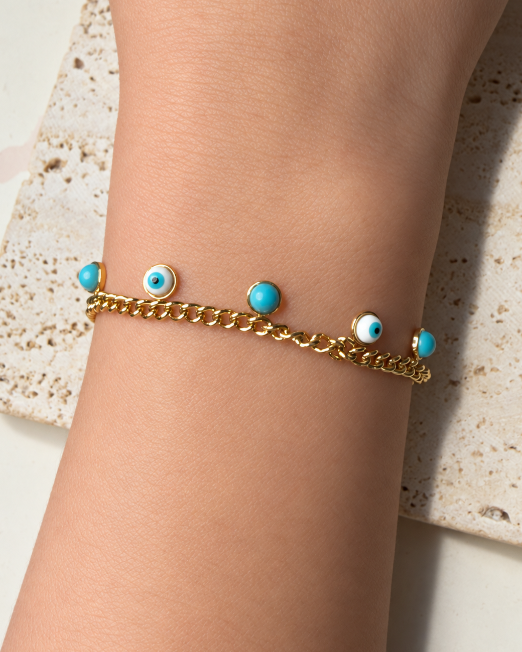 Ella Turquoise Stone Resin Evil Eye Design Charms Classic Curb Chain Gold Bracelet
