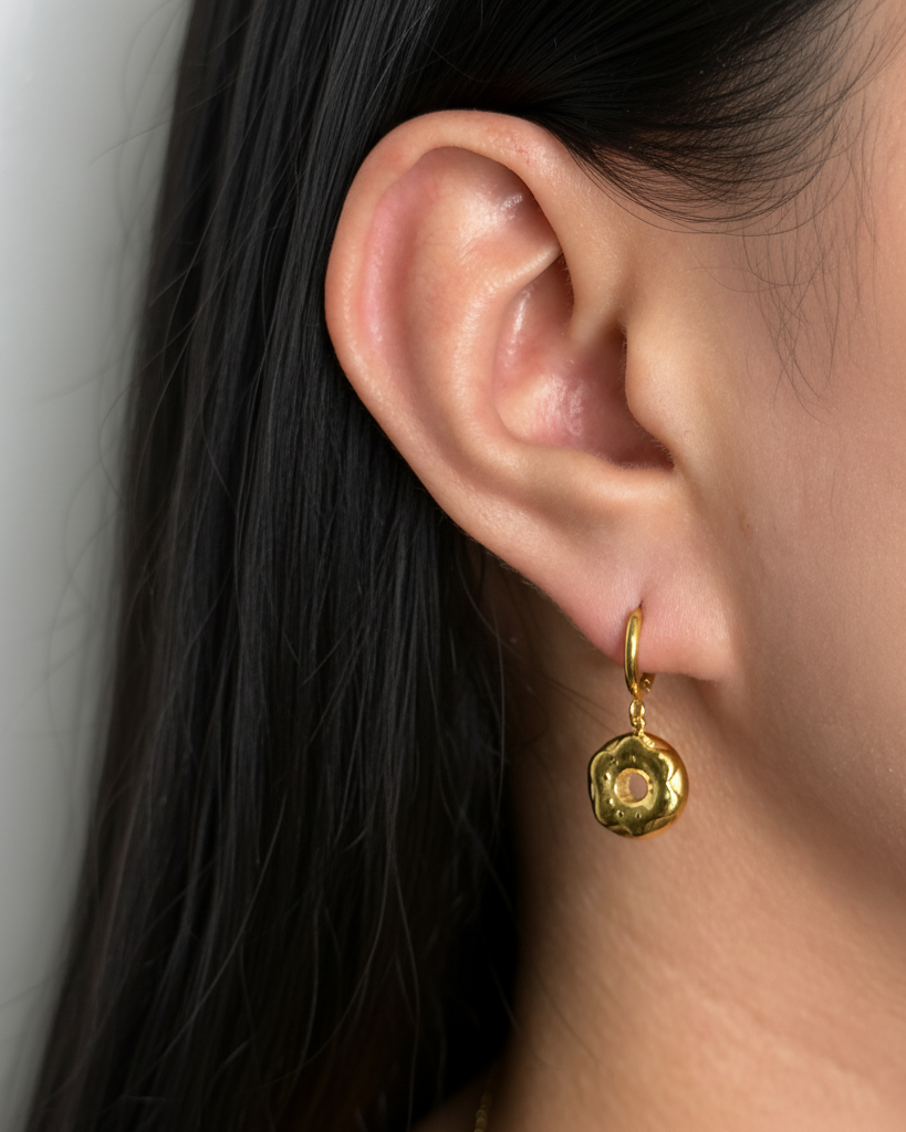 Elvienne Thin Round Huggie Donut Shaped Gold Drop Earrings