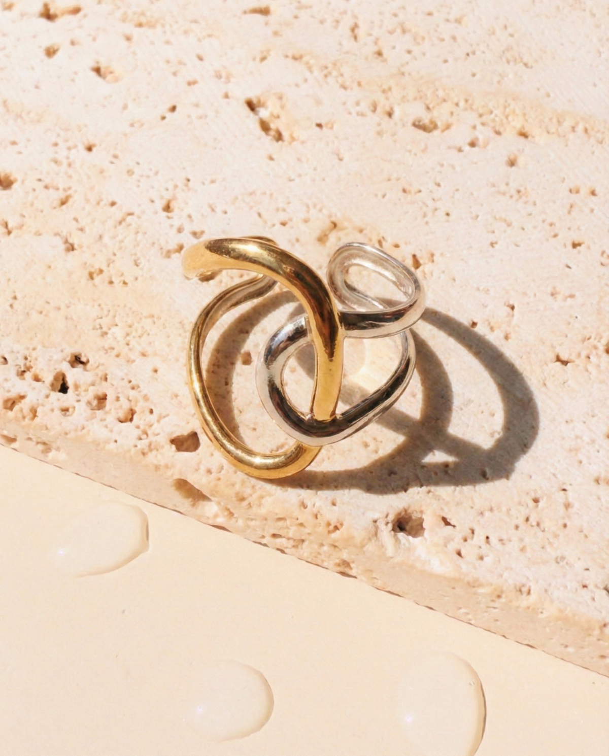 Elysia (Two Tone) Half Silver Half Gold Layered Look Intertwined Flowy Wave Design Open Ring