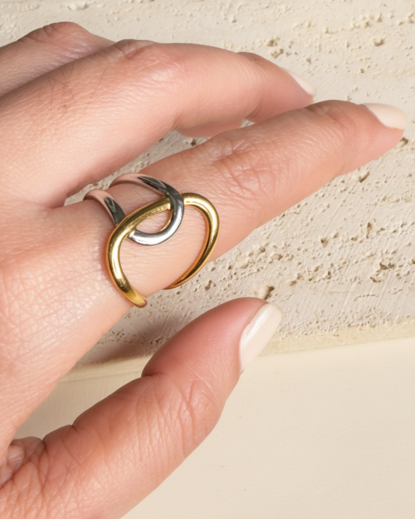 Elysia (Two Tone) Half Silver Half Gold Layered Look Intertwined Flowy Wave Design Open Ring