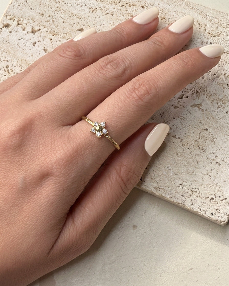 Emer Flower Shaped Zircon Petals Bezel Set Top Head Textured Design Gold Open Ring