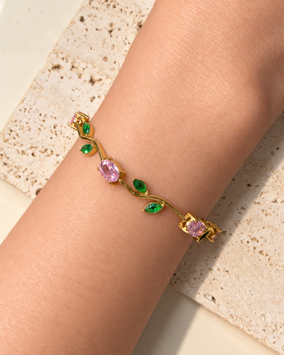 Emery Pink Zircon Flower Green Zircon Leaf Gold Stem Rose Flower Vine Design Bracelet