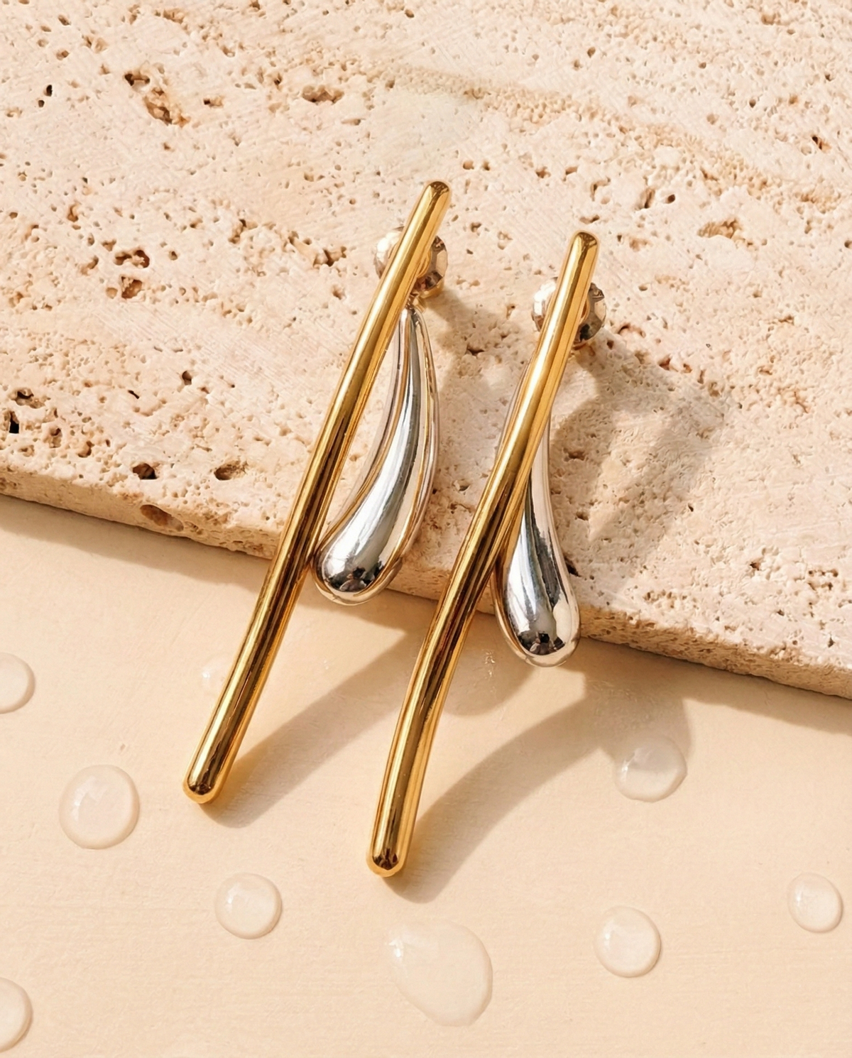 Esmira Two Tone Linear Waterdrop Teardrop Fluid Gold Front Silver Back Design Drop Earrings