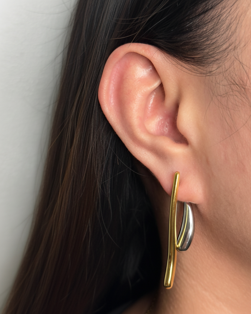 Esmira Two Tone Linear Waterdrop Teardrop Fluid Gold Front Silver Back Design Drop Earrings