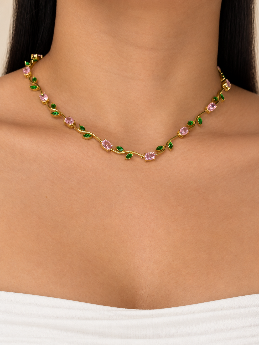 Esther Pink Zircon Flower Green Zircon Leaf Gold Stem Rose Flower Vine Design Necklace
