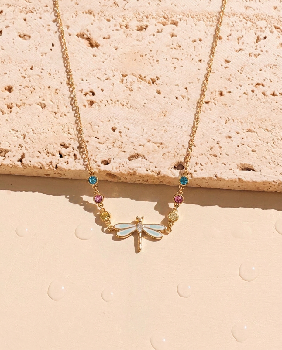 Ethna Dragonfly Shaped Multi Colored Round Zircon Bezel Set Beads Pendant Classic Thin Link Chain Gold Necklace